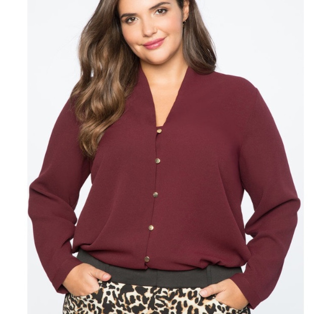 Eloquii Wine Red Button Front V Neck